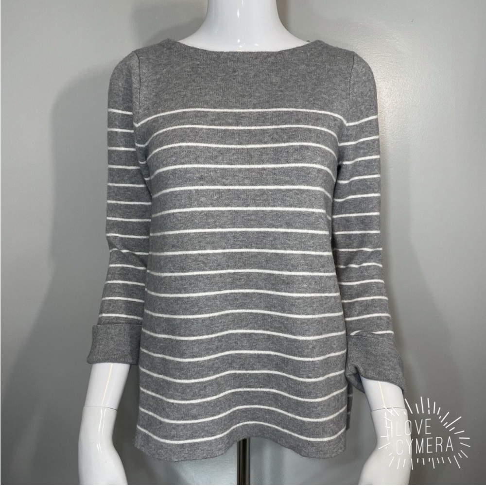 Tahari Gray and White Striped Long Sleeve Top